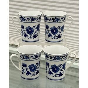Bombay China Asian Garden Vintage Porcelain Mug Blue and White Set of 4